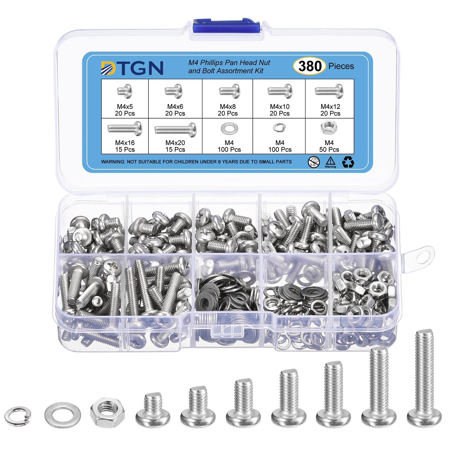 DTGN 380Pcs Machine Screws Assortment Kit, M4 Phillips Pan Head Nut and Bolt Assortment Kit