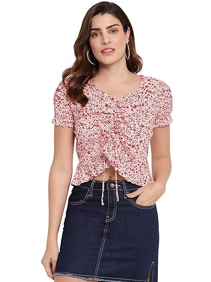 Marc Loire Womens Floral Printed Fashion Western Party & Casual Wear Crop Top with Puff Sleeves