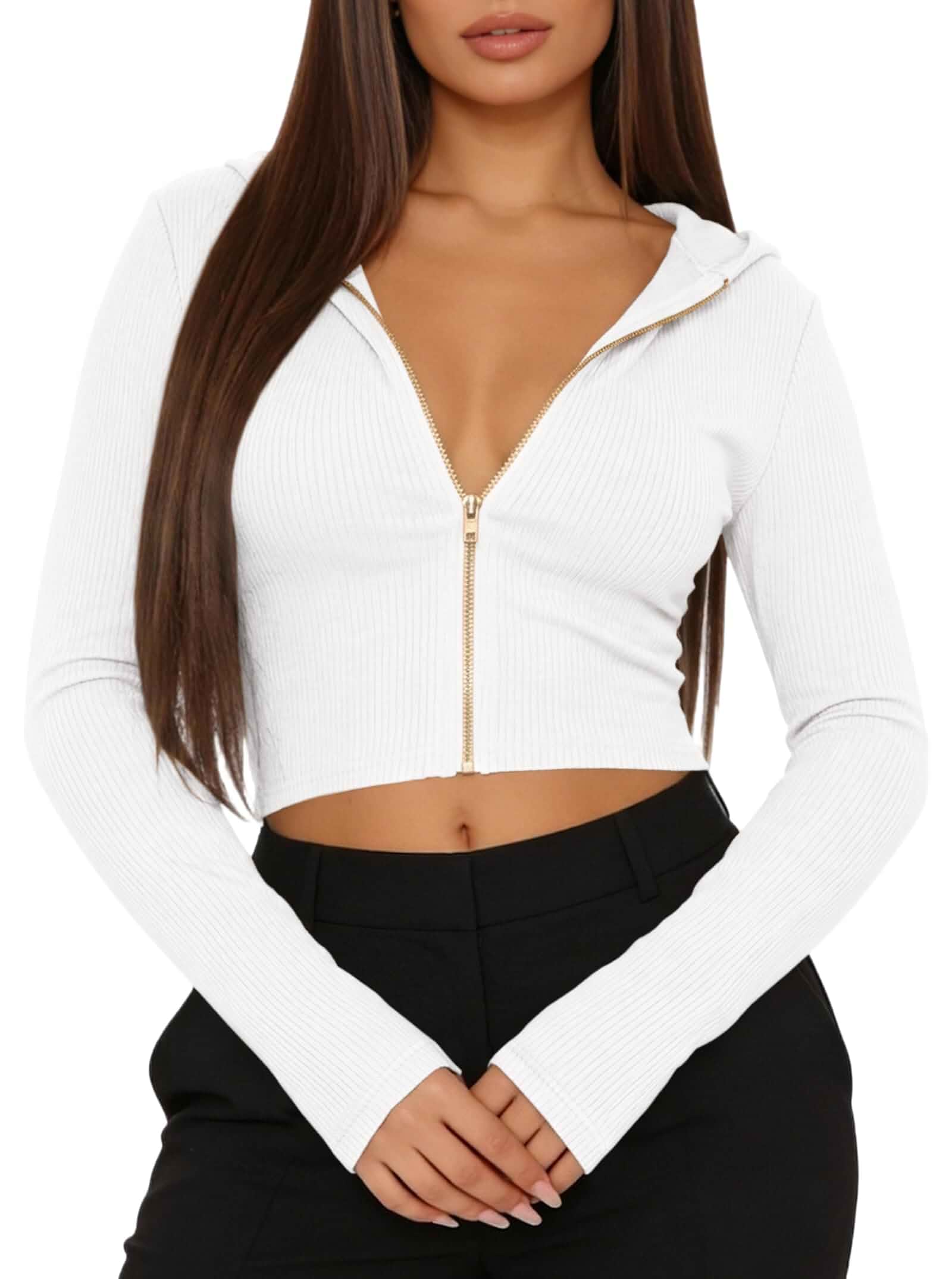 LovelyWholesale Womens Ribbed Cropped Hoodie Zip Up Crop Sweatshirt Casual Long Sleeve Tops Long Sleeve · Slim