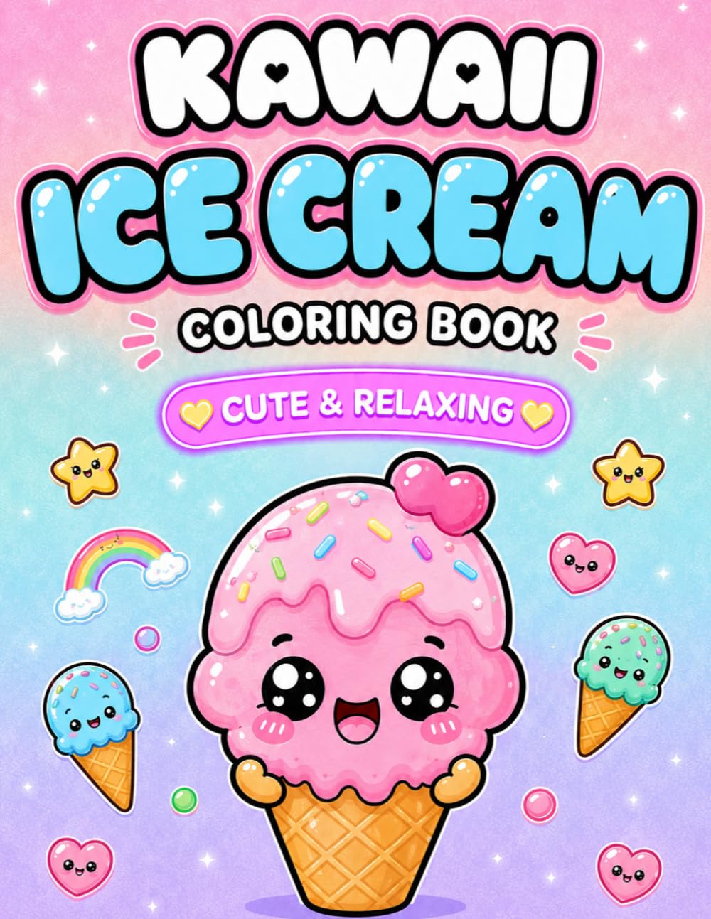 Kawaii Ice Cream Coloring Book For Kids Ages 4-8: Adorable Kawaii Dessert Coloring Pages for Kids, Toddlers and Preschoolers | 50 Sweet and Happy Ice Cream Illustrations
