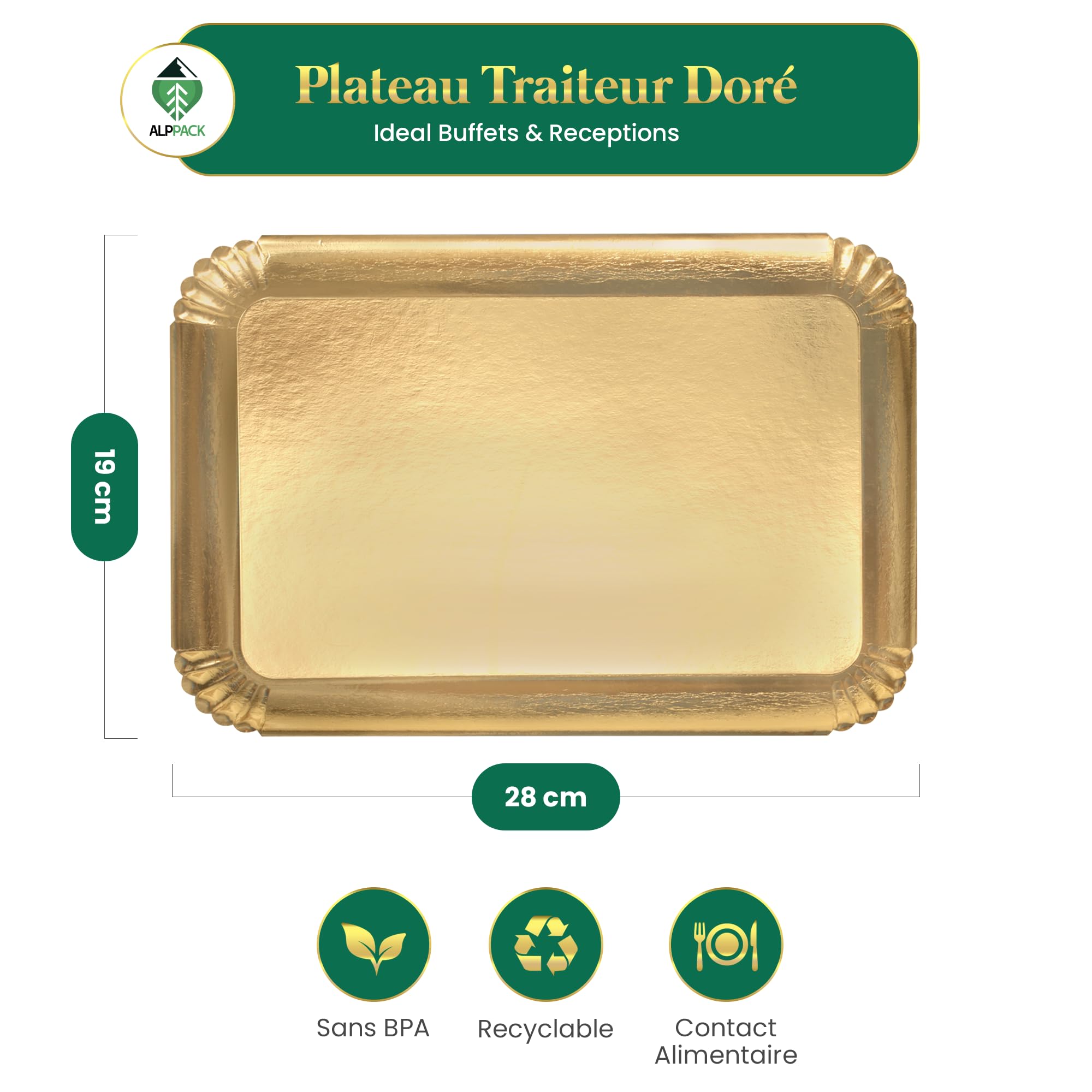 Plateau de Service en Carton Épais Doré 28 × 19 cm – Lot de 100 Plateaux Traiteur Jetables Professionnels – Présentoir Apéritif Buffet – Plateau Jetable pour Buffet, Mariage, Réception et Événement