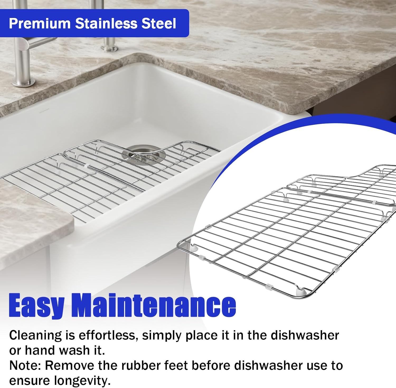 K-6449-ST Kitchen Sink Rack for Kohler Whitehaven K-5826 & K-5827 – 304 Stainless Steel Sink Protector Grid, Fits 26.18"x14.76"