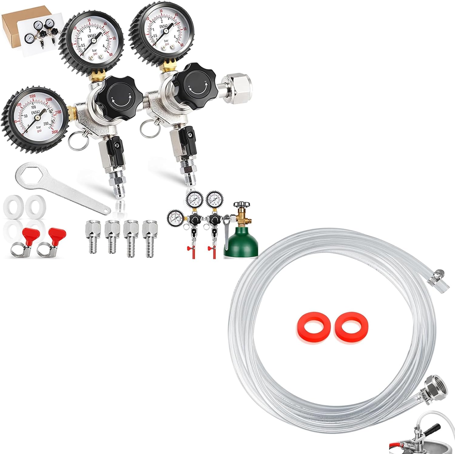 New Dual Co2 Regulator for Kegerator with Tank Wrench & 10ft Kegerator Beer Line Tubing 3/16" ID 7/16" OD Keg Lines for Home Brewing