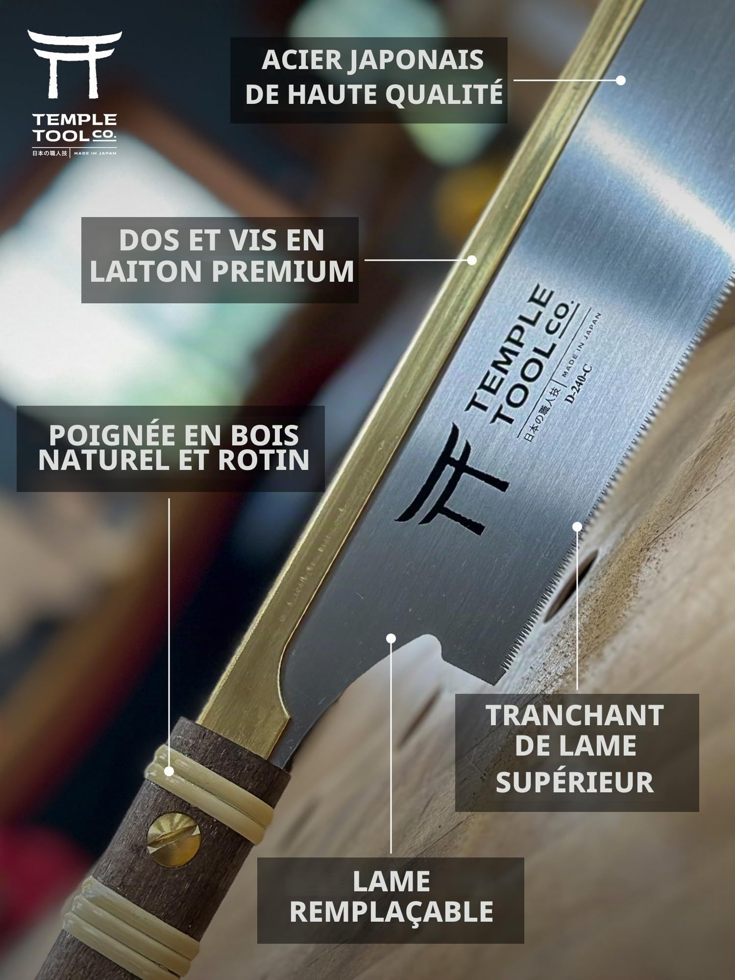 Scie à traction japonaise – Crosscut 9.5 – Scie à main pour menuiserie Crosscutts, Kumiko, épaules de tenon, scie à bois Dozuki – Temple Tool Co.