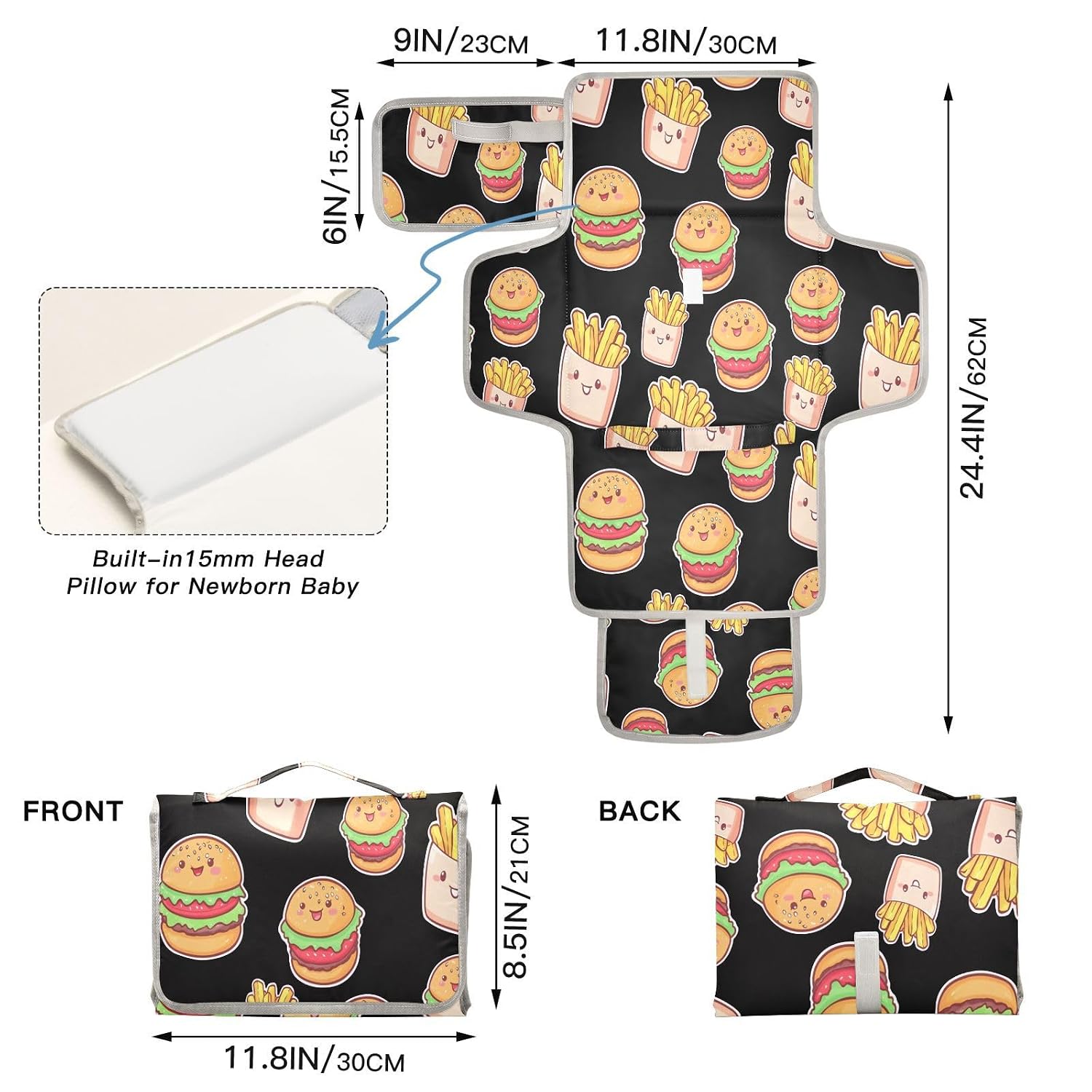 Hamburger French Cute Black Portable Diaper Changing Pad image 4