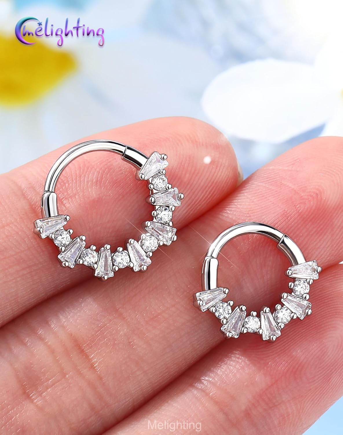 Melighting 16G Septum Ring, Fireworks Daith Piercing Jewelry 316L Stainless Steel, Rhombus Zircon Septum Clicker Hoop, Silver Helix Cartilage Earring for Women 8/10 mm