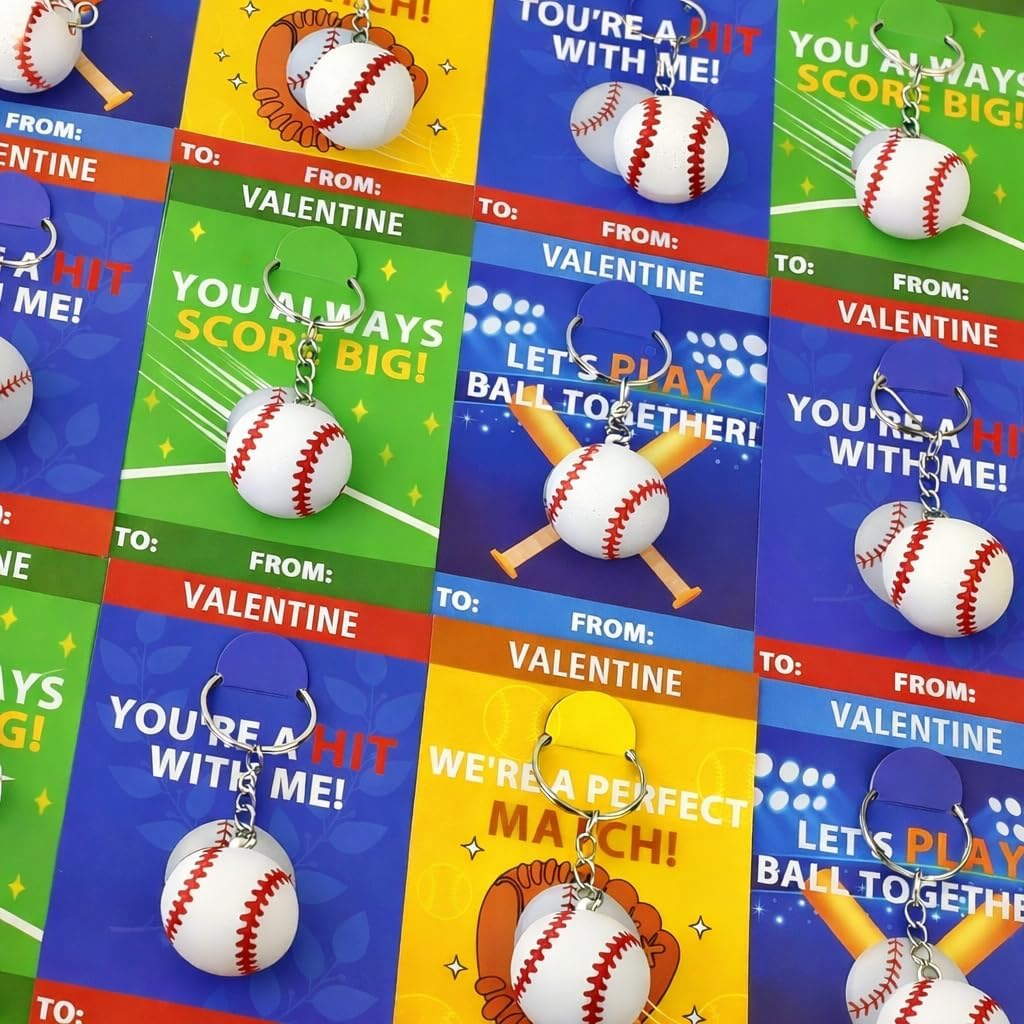 Baseball Valentines Day Cards Gifts for Kids School -28 Pack, PVC Baseball Keychains Toys with Exchange Cards for Toddler Boys Girls, Valentines Sport Goodie Bag Stuffer Classroom Prizes for Students