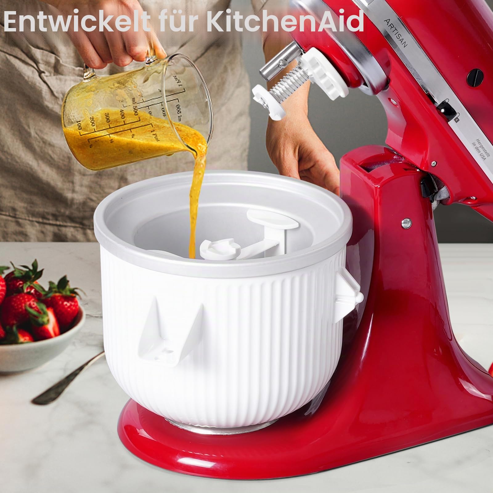 Eiscrememaschine Aufsatz für Kitchenaid, 2 Quart gefrorenes Eis Schüssel für Standmixer 4.5/5/6/7QT, Sorbet Gelato Maker für hausgemachtes Eis, Dessert, Joghurt