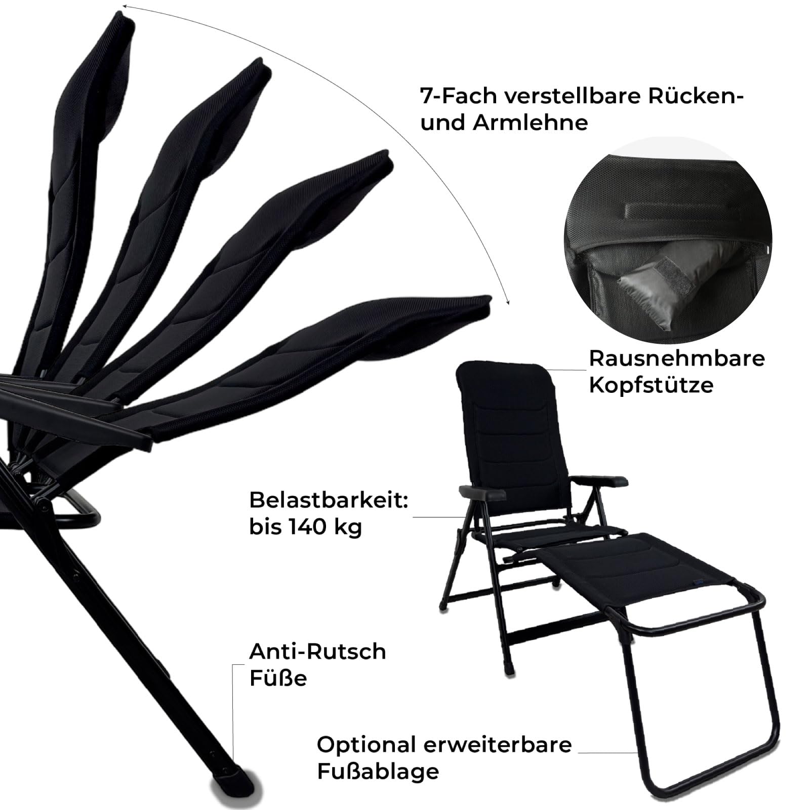 osoltus Klappsessel Comfort Plus Black Magic - Soft Touch Bezug - ergonomischer Camping-Stuhl - Klappstuhl für Garten, Balkon & Terrasse - Grey Stone - Schwarz