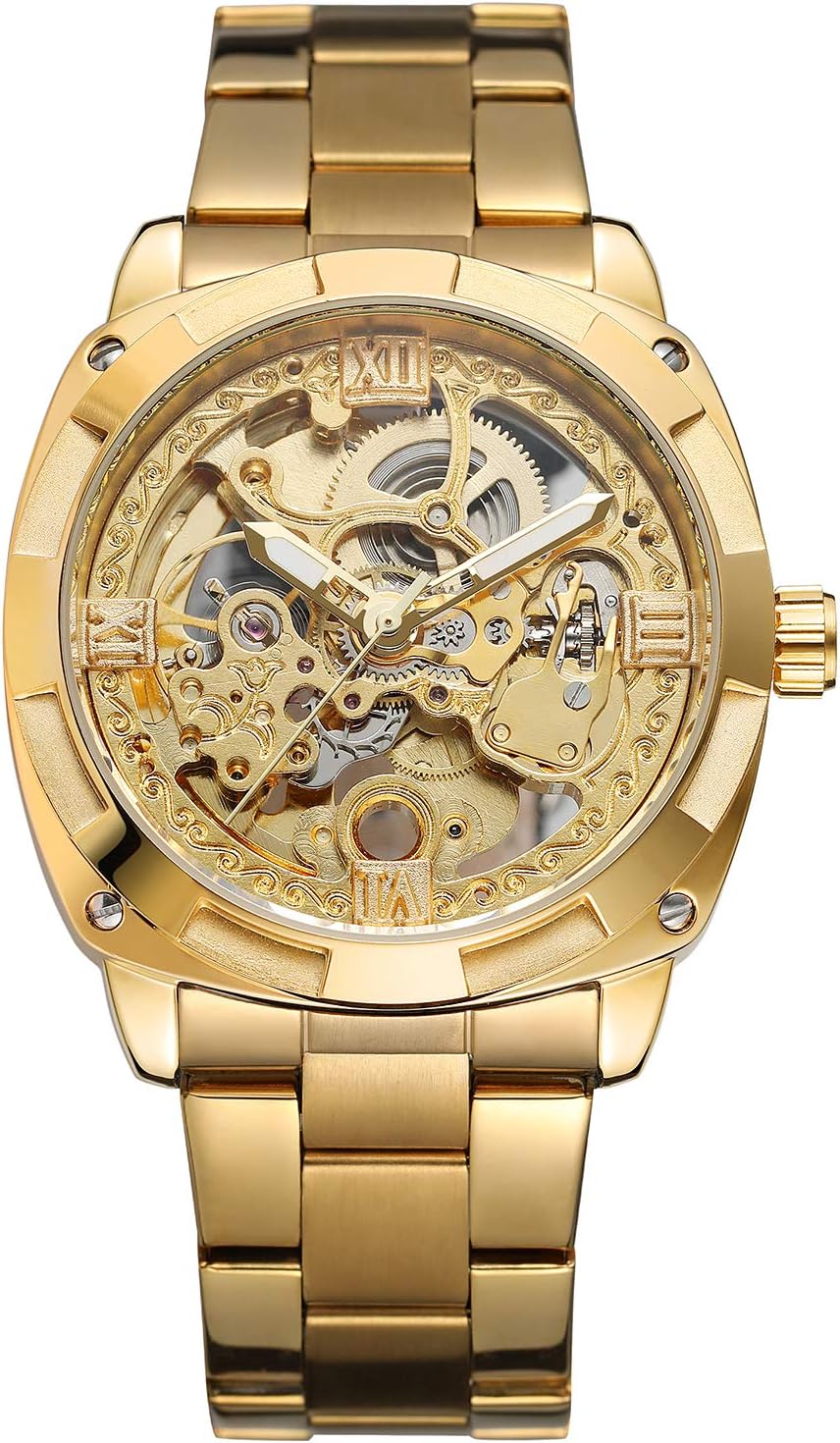 FORSINING Men's Trendy Steampunk Automatic Stainless Steel Gold Bracelet Watches for Various Occasions