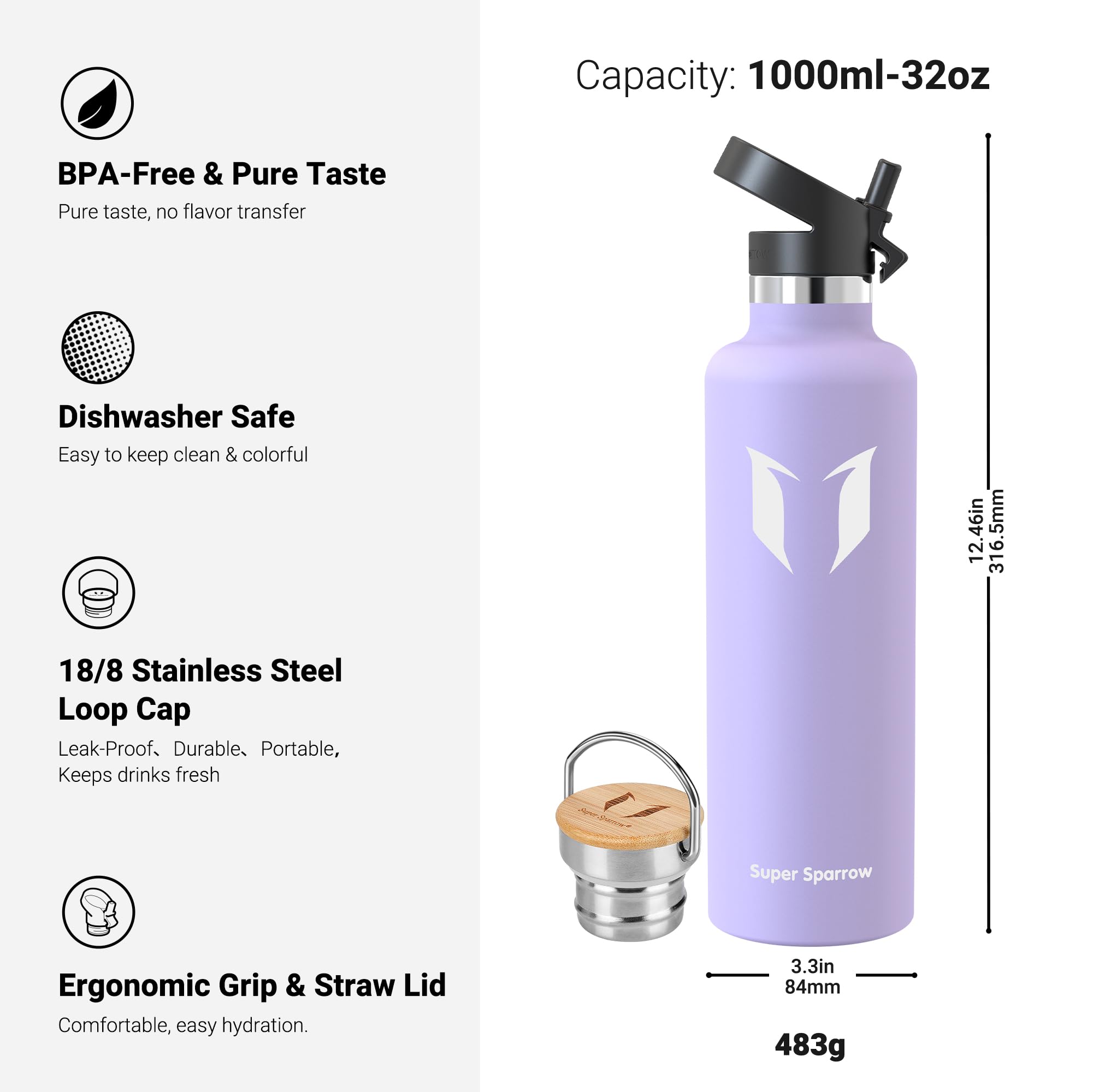 Super Sparrow Borraccia Termica - Bottiglia Termica Senza Perdite - 350ml/500ml/620ml/750ml/1L - Senza BPA Borracce Bambini - Per Scuola, Sport, Campeggio, Palestra, Ciclismo - Con 2 Tappi