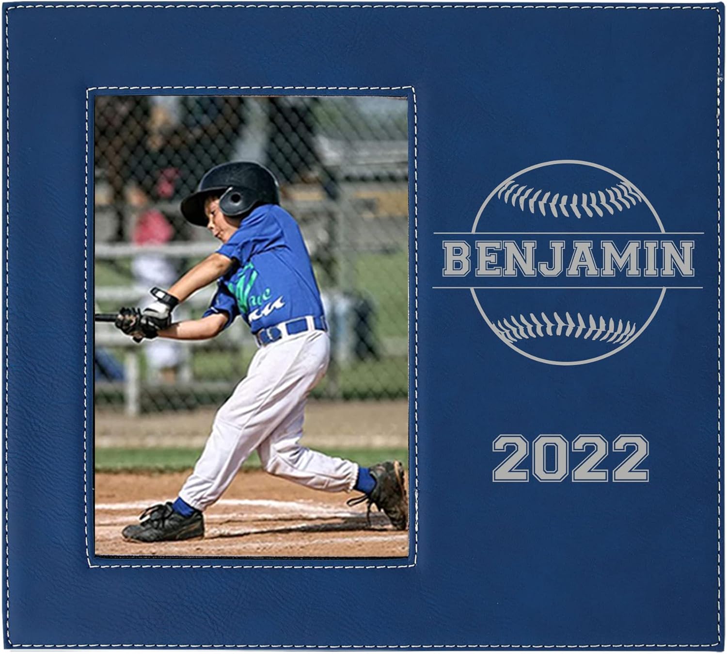 Baseball/Softball Design Player Gifts Customized Name/Year Laser Engraved Leatherette Faux Leather Hanging/Tabletop Portrait 5x7 Sports Team Offset Photo Picture Frame