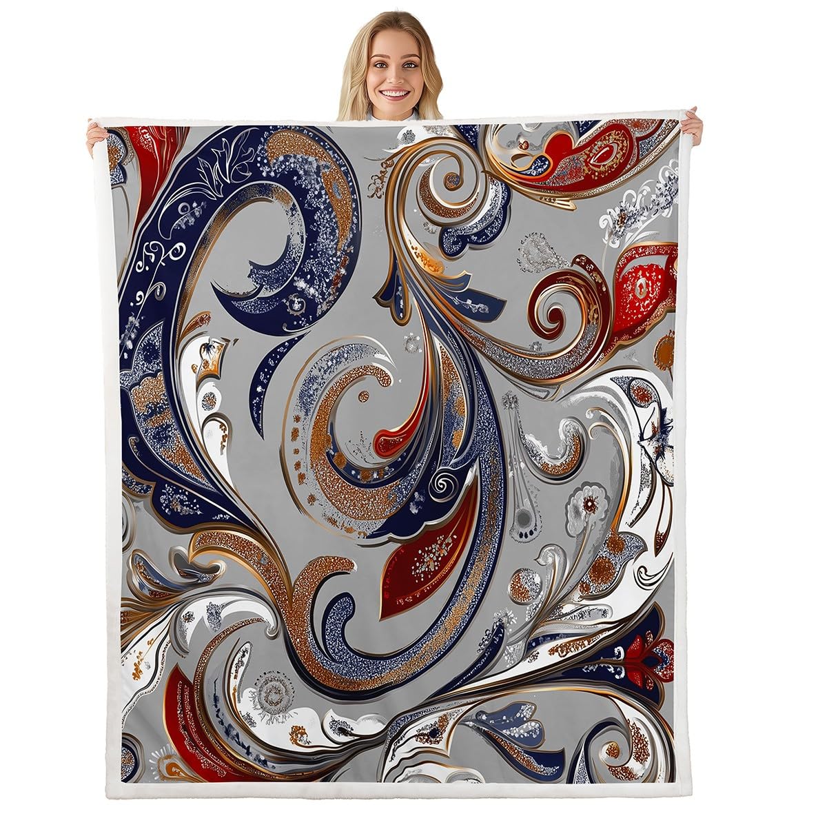 Feelyou Boho Paisley Print Fleece Throw Blanket Bohemian Style Sherpa Blanket for Sofa Couch Indian Design Plush Exotic Floral Warm Fuzzy Room Decor