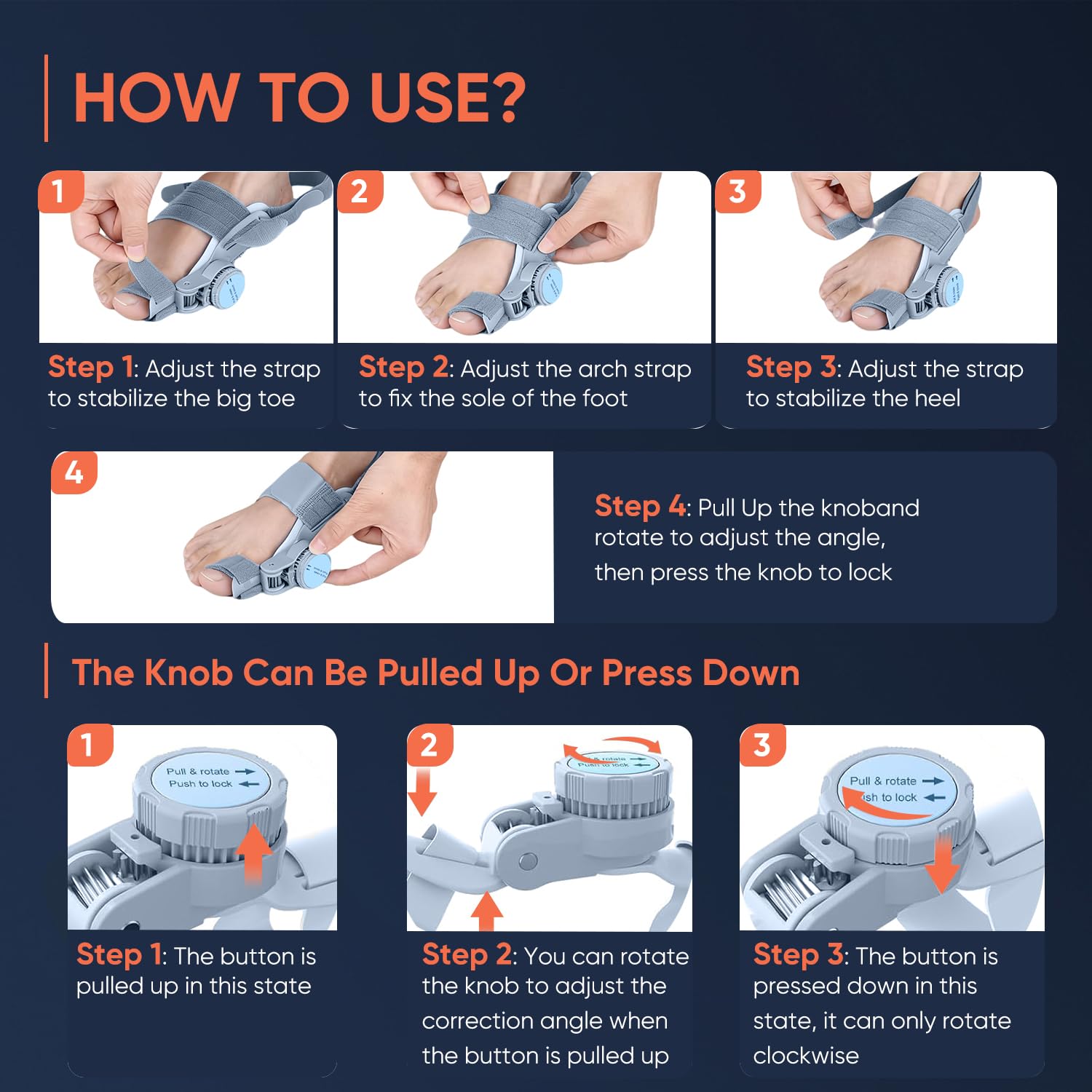Bunion Corrector for Women & Men, Adjustable Knob Dual-Action Bunion Splint with Silicone Pad - Orthopedic Toe Straightener & Separator for Hallux Valgus Relief, Fits Left/Right Feet (Gray)