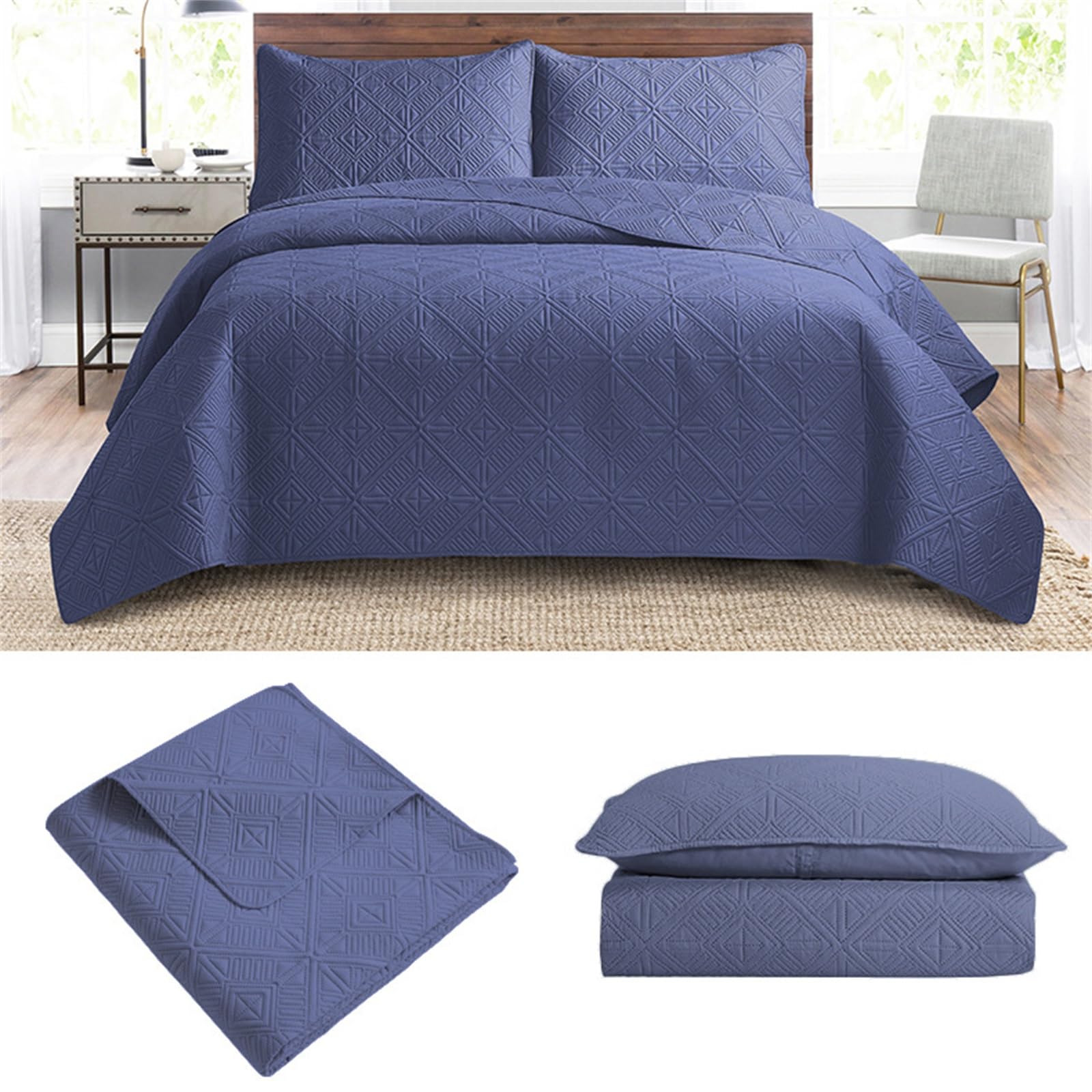 Colcha tamaño King Mantas de Cama Dobles Acolchadas - Reversible Relieve Matt acabó Fundas Cama Doble Colcha + 2 Fundas de Almohada - Color sólido Algodón Colchas Y Mantas(Navy,240 * 260cm)