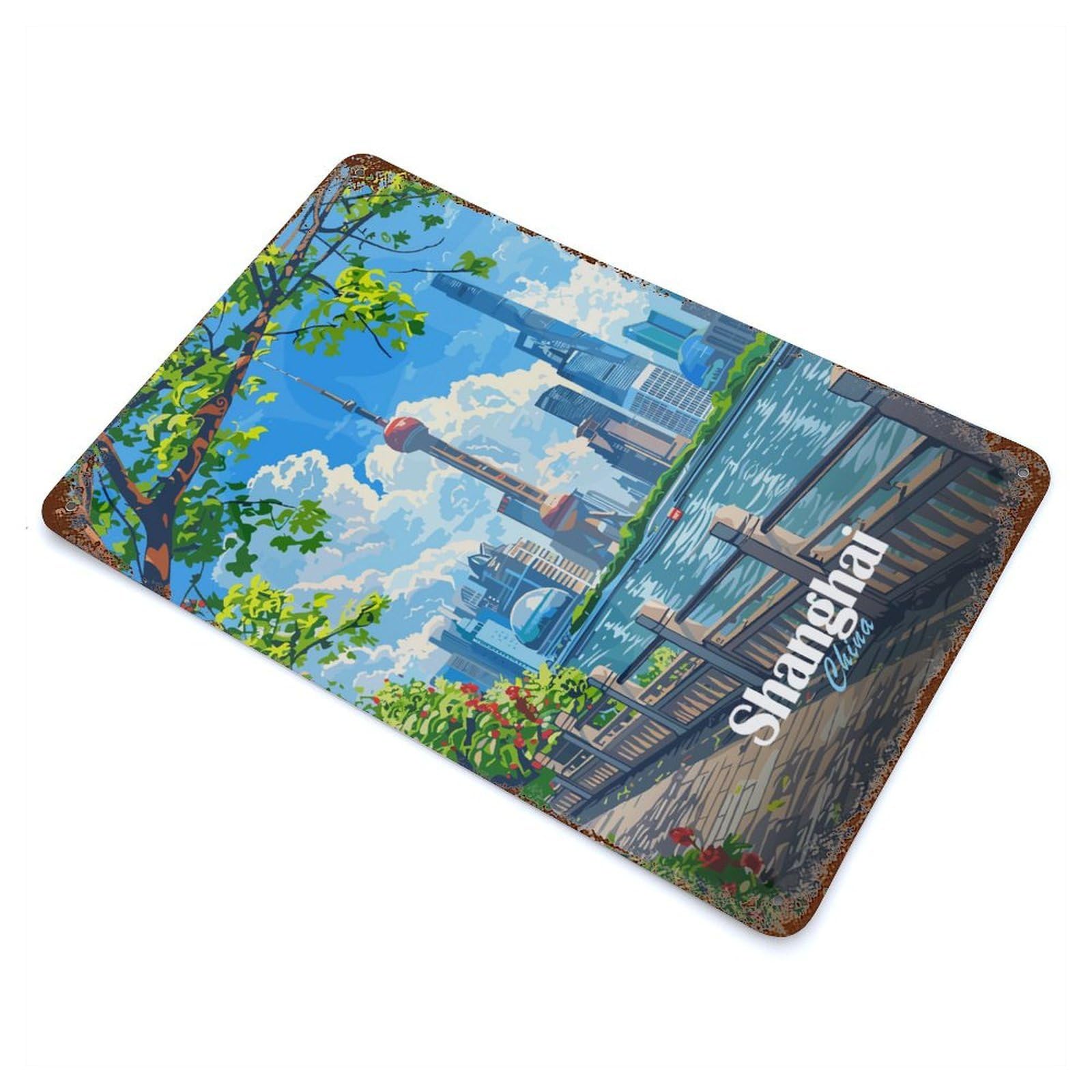 Shanghai China Cityscape Illustration Rust Effect Tin Sign 11.8"x7.9", Old School Wall Decor for Living Room, Hallway And Home Decor