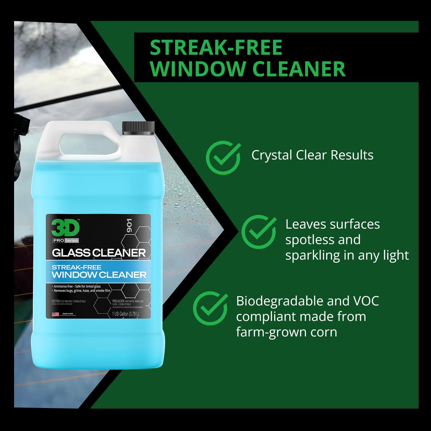3D Glass Cleaner - Ready to Use, Tint Safe, Streak Free Glass Cleaner - Gallon - Image 2