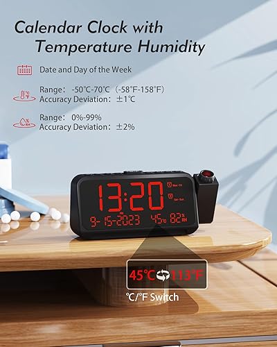 Miniatura 7 de Reloj despertador de proyección para dormitorio, reloj digital con fecha y día de la semana para ancianos, temperatura y humedad, alarma dual con