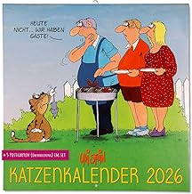 Uli Stein Calendar 2026 - Cat Calendar with Postcards - 303 x 303 mm - Annual Calendar with Motif Pages + 5 Postcards Gift - Cartoon Calendar - Monthly Calendar with Funny Sayings