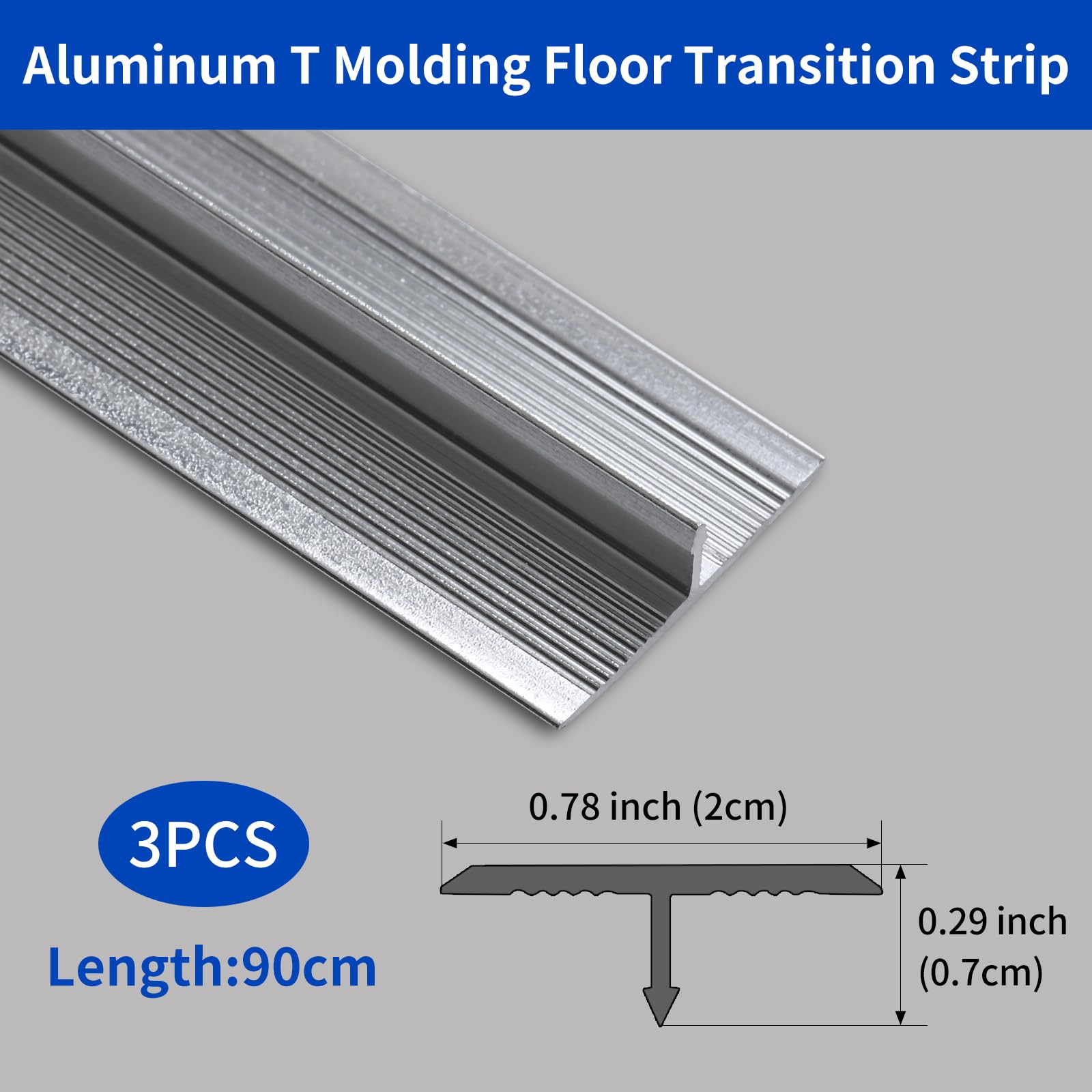 3pcs 2cm Bande de Transition en T Aluminium Barre de Seuil Métal Seuil de Porte Profil de Transition Bande de Transition Sol pour Les Espaces Entre les Carreaux,les Sols,0.9M Argent
