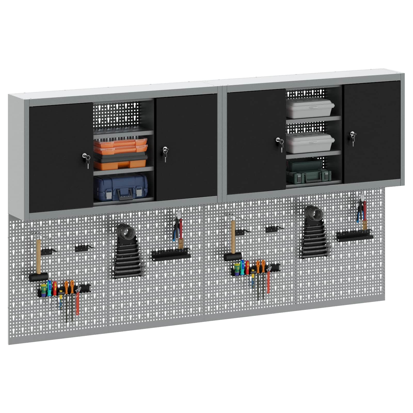 Lot de 6 armoires à outils en acier revêtu par pulvérisation - Montage mural - 200 x 20 x 115 cm - Avec étagères en métal - Plaques perforées - Pour atelier, garage, système de rangement