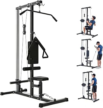 LAT Pull Down Machine for Home Gym, Floor-Standing Cable Machine with Adjustable Seat & Knee Support, Back Workout Machine with High & Low Pulley, 500LB Weight Capacity - Black