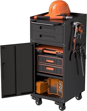 Garage Storage Cabinet for Small Space, Metal Storage Cabinet with Wheels and Perforated Hanging Plate, 2 Drawers Tool Cabinet with Lockable Door for Workshop Kitchen Laundry Room Black