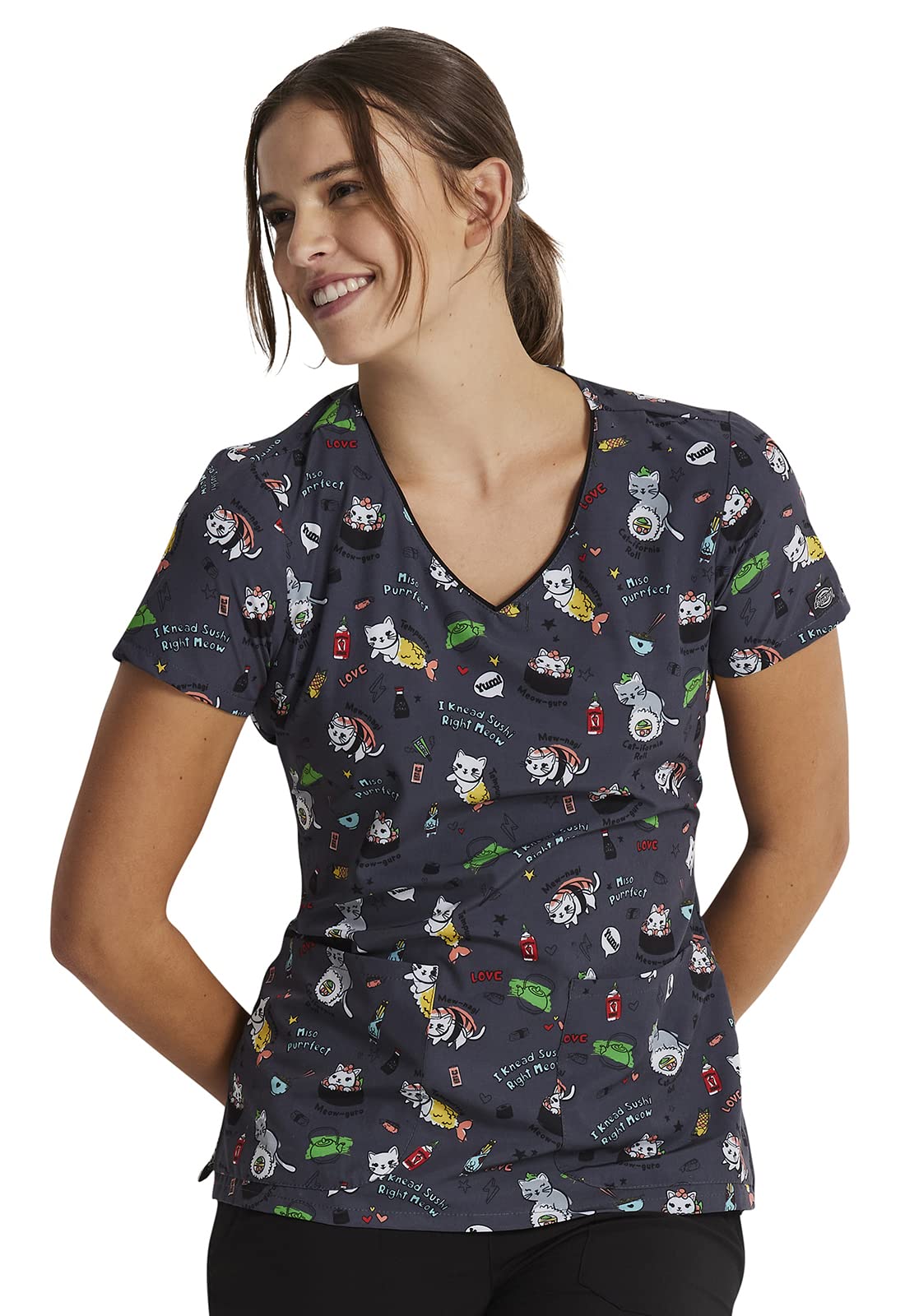 Dickies EDS Women Scrubs Top V-Neck Print Plus Size DK852, 3XL, Miso Purr-FECT