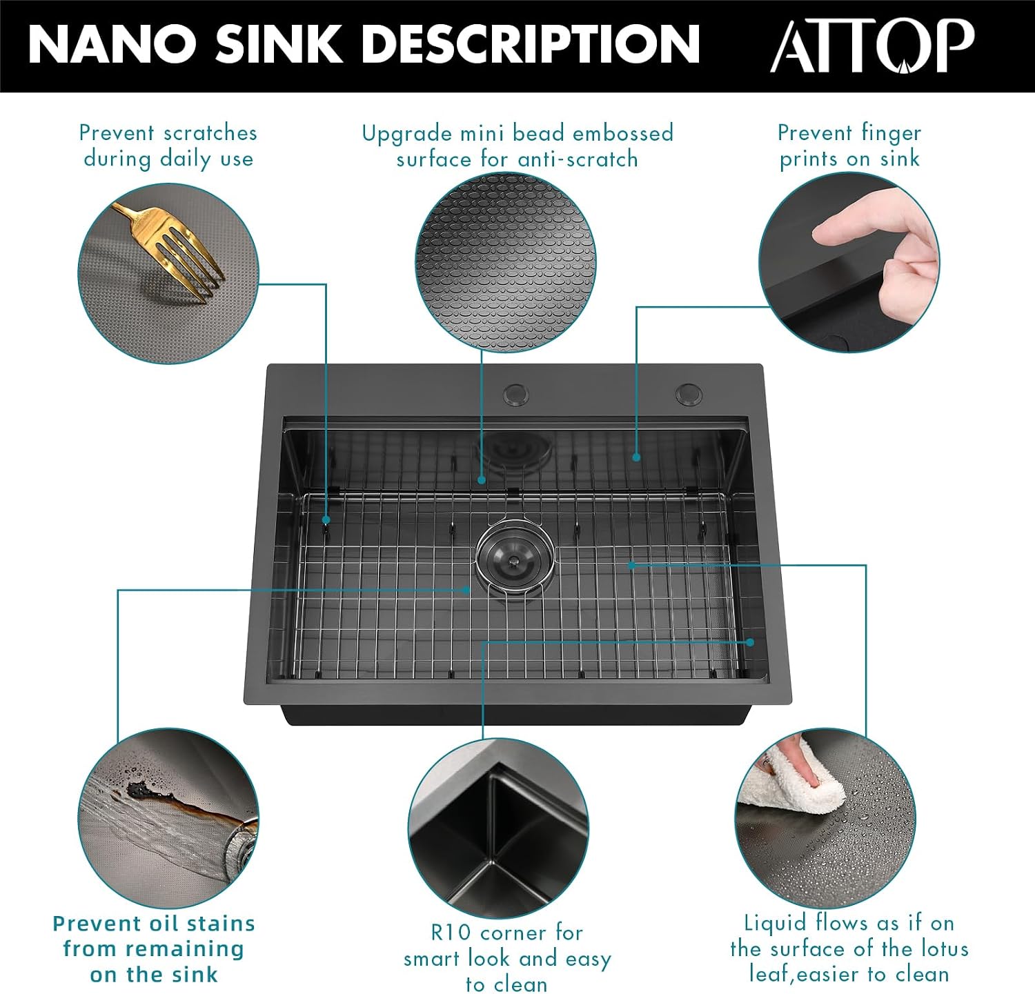 ATTOP 30 Inch Black Workstation Drop in Kitchen Sink Large Single Bowl,30x22 Inch Stainless Steel Handmade Workstation Ledge Drop in Kitchen Sink