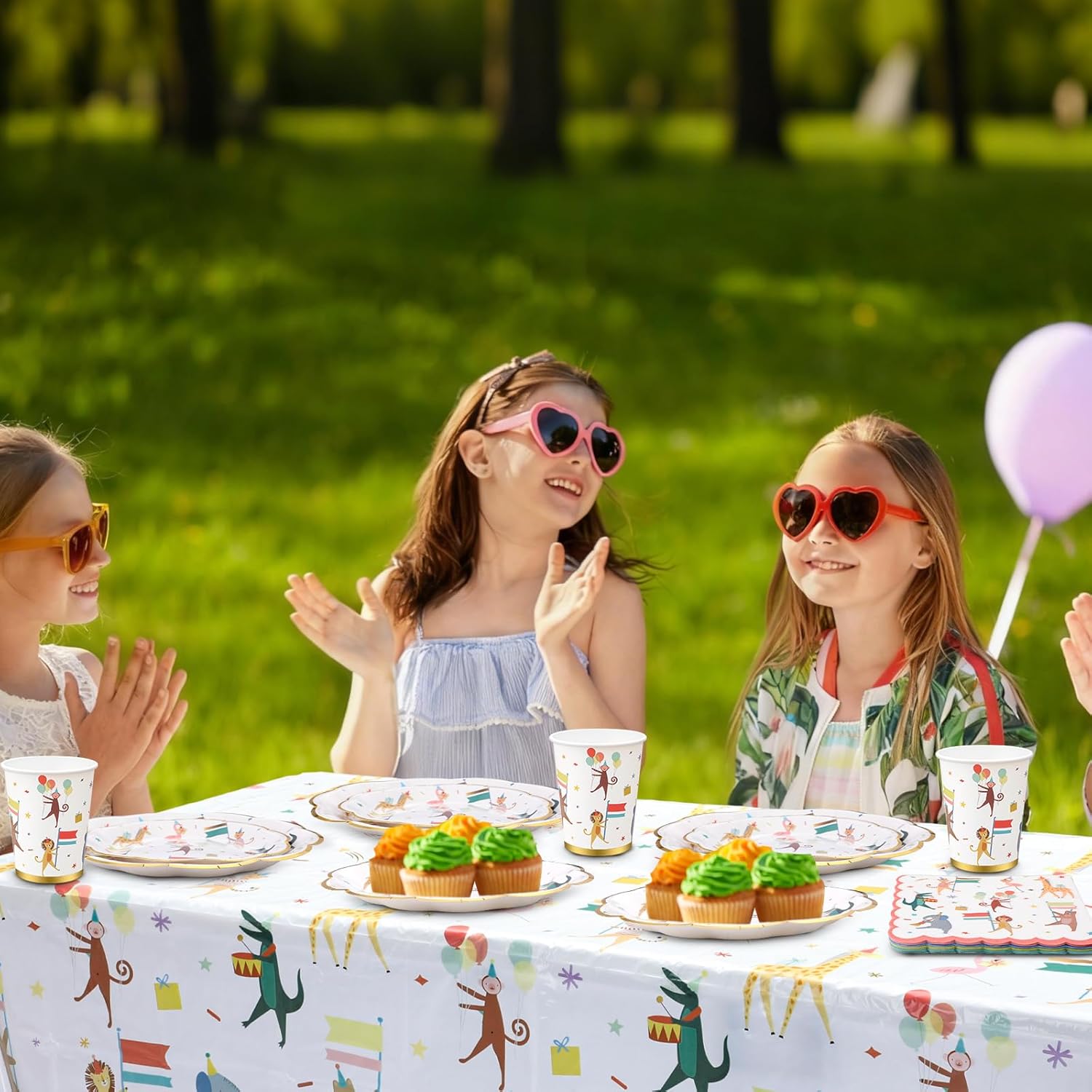 Maxdot 105 Pcs Animal Parade Theme Party Supplies, Includes 25 Disposable Paper Plates, Napkins and Cups, 3 Disposable Tablecloth, 2 Banners, Jungle Safari Animal Tableware for 25 Guests