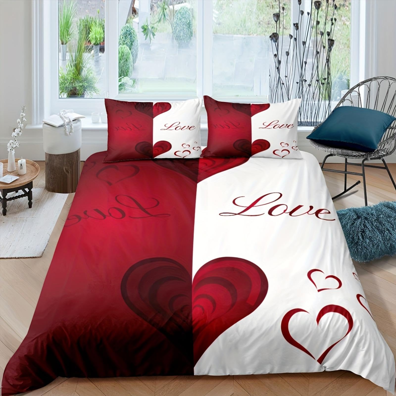 Housse de couette St-Valentin 228x259 cm et ses 2 taies d'oreiller motif coeur
