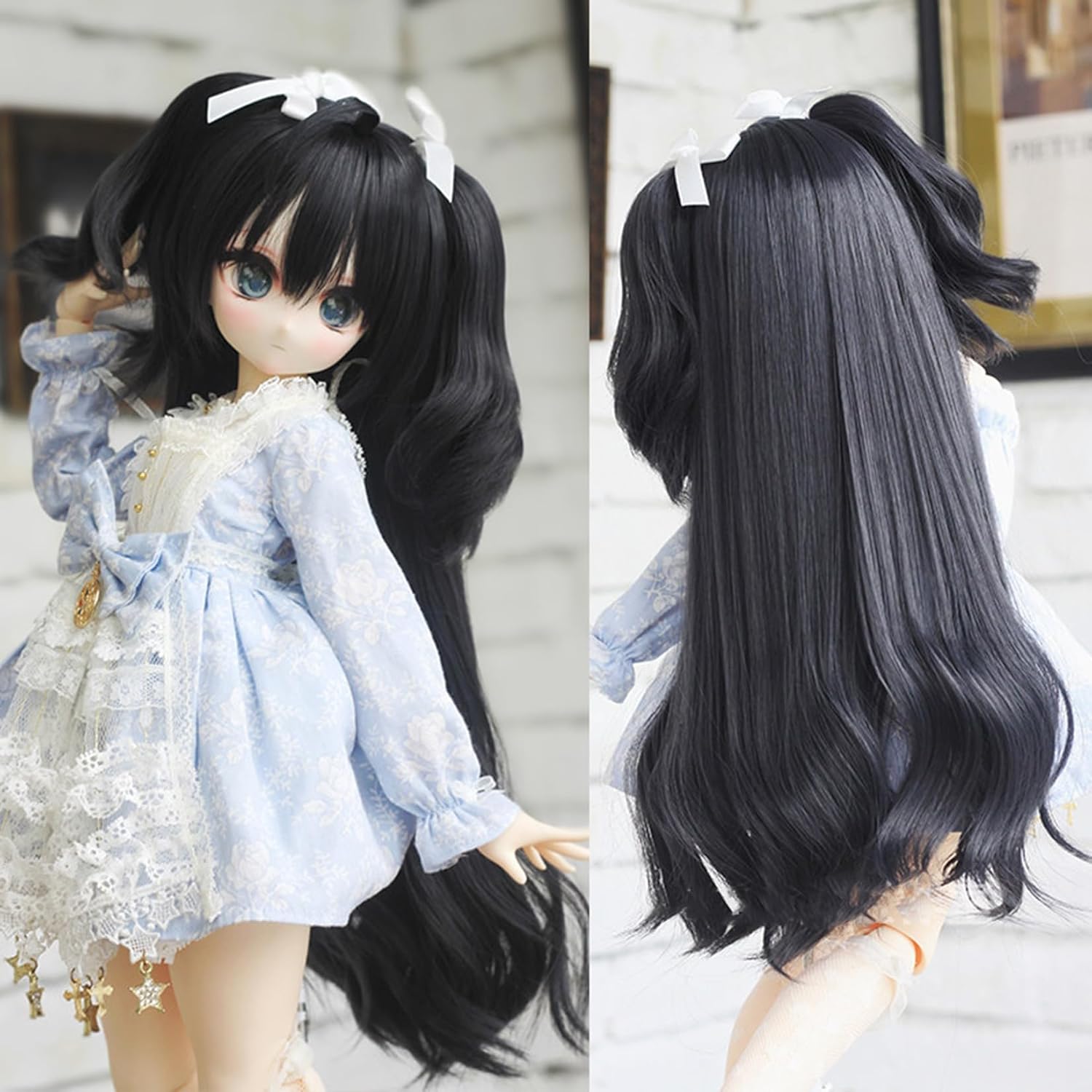 1:3 Scale BJD Doll Wig Fluffy Curly Short Twin Tails with Standing Hair Cute Design Dress Up Costume (Cyan)