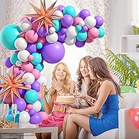 Vista 6 de Kit de arco de globos rosa, morado y azul, guirnalda de globos rosa morado con globos de látex rosa, azul, morado, blanco, globos de papel