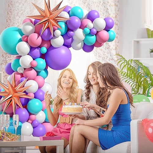Vista 6 de Kit de arco de globos rosa, morado y azul, guirnalda de globos rosa morado con globos de látex rosa, azul, morado, blanco, globos de papel