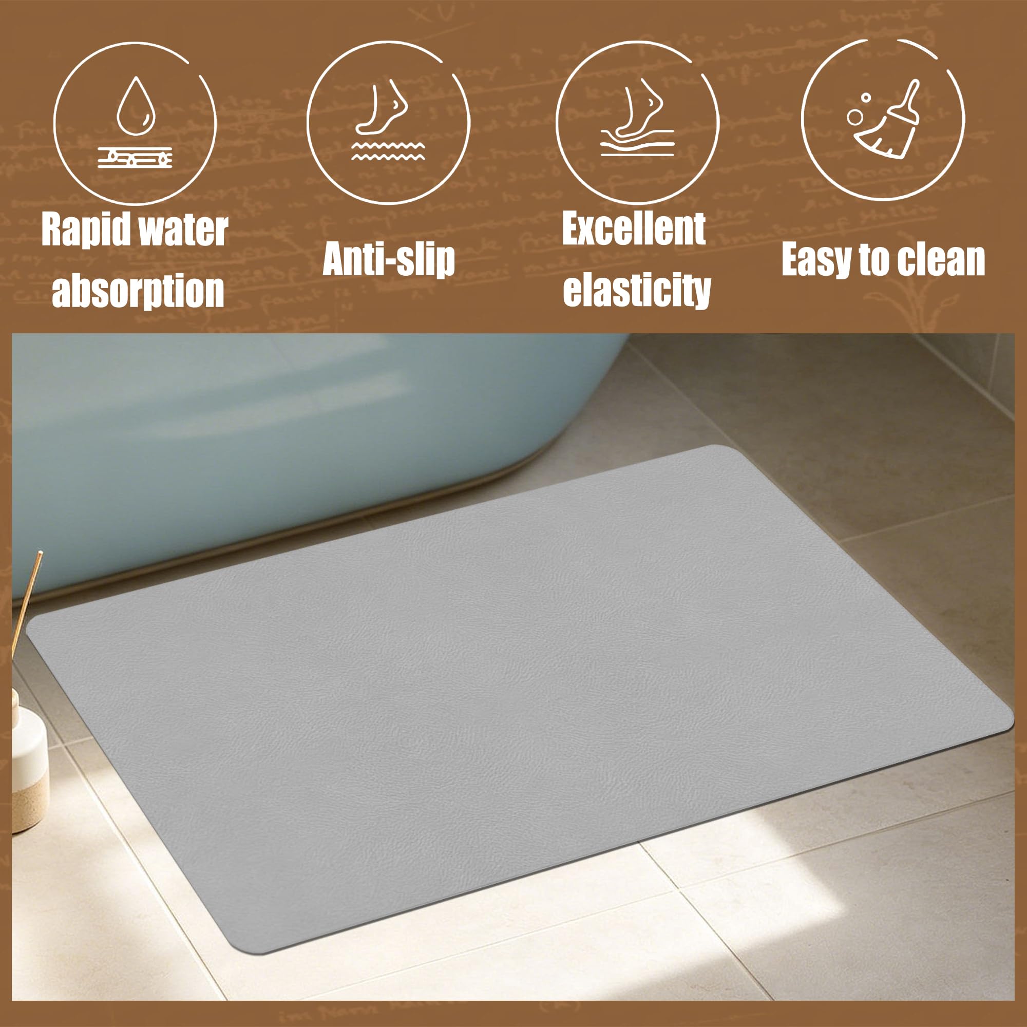 Alfombra Diatomita Baño 105 x 105 cm Super Absorbente Alfombra Baño Antideslizante Higiénico y Funcional para Bañera, Ducha, Cuarto de y Cocina, Gris Claro