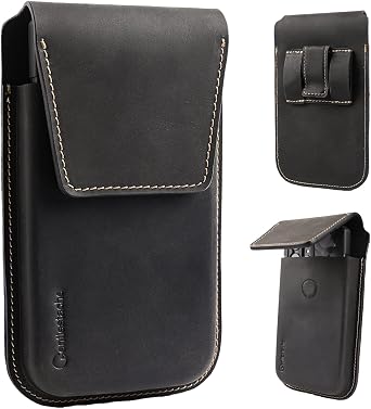 Gentlestache Leather Phone Holster for S25 S24 Ultra & Plus - Phone Holster Belt Case for iPhone 17 16 15 14 Pro Max & Plus - Magnetic Closure Belt Clip Leather Holder Pouch, XL, Black
