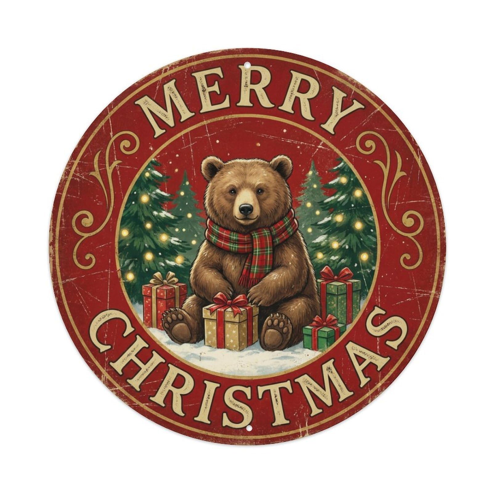 Merry Christmas Bear Plaid Scarf Metal Tin Sign