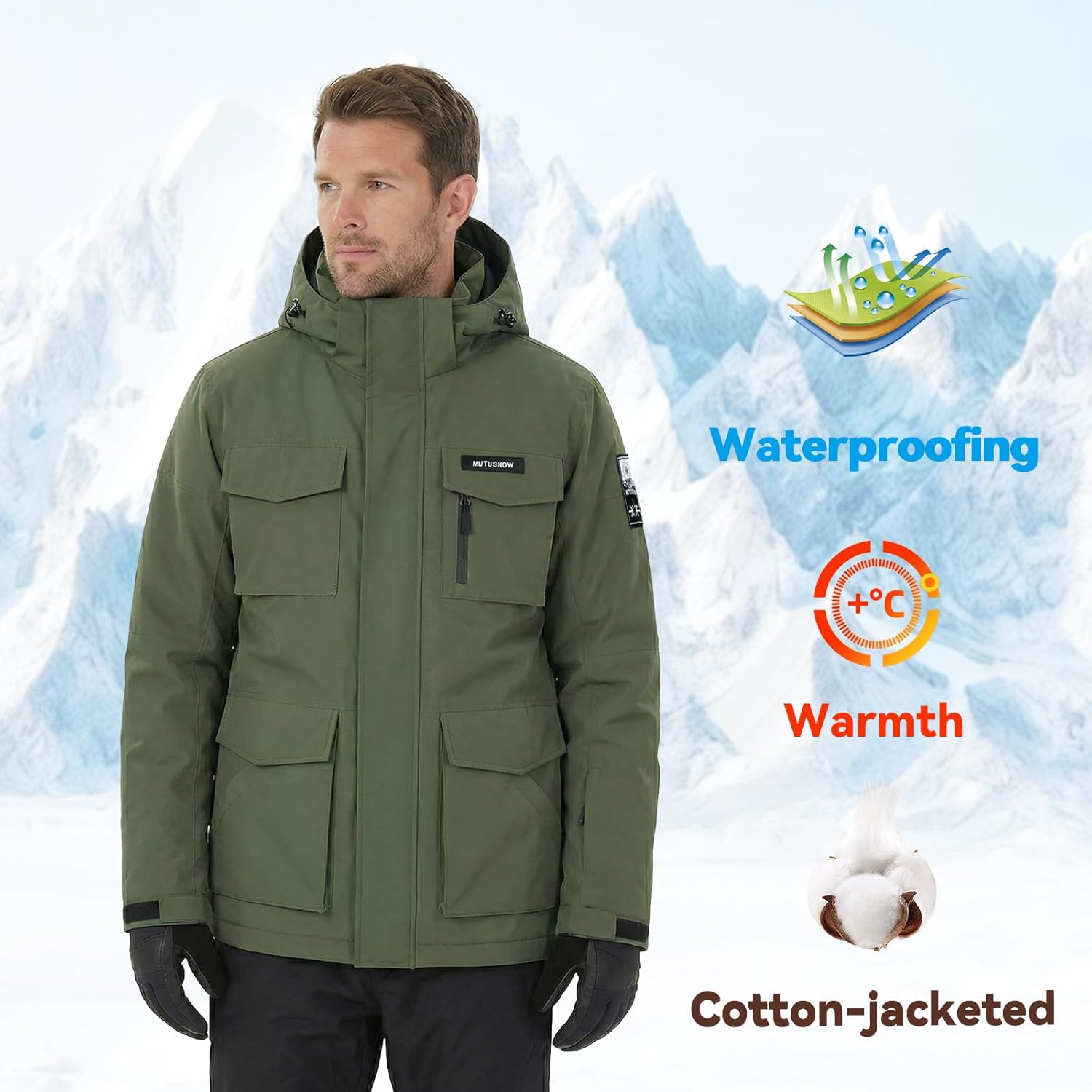 Mens Ski Jacket Waterproof Snowboarding Jacket,Windproof Men Coats Winter Removable Hood for Snowmobile Hiking