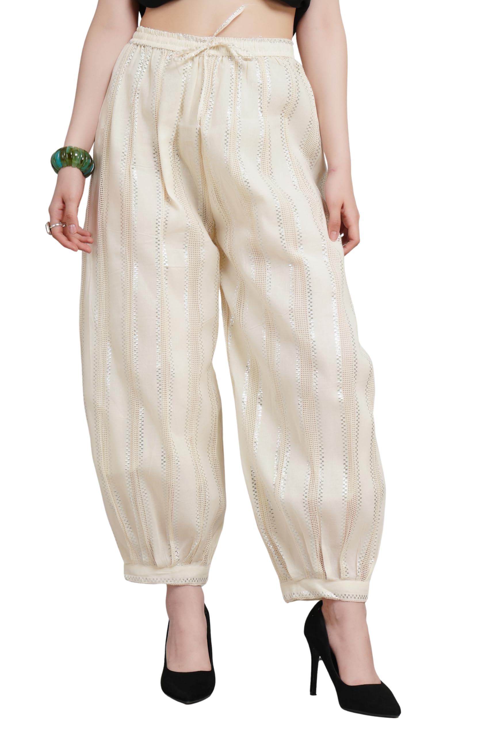 Women's Ethnic Cream Afghani Pants with Golden Foil Stripes | Relaxed Fit Harem Trousers with Drawstring Waist |-image-29