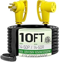 POWGRN NEMA 14-50P to NEMA 14-50R 50 Amp RV/EV Extension Cord 10 FT Outdoor with Grip Handle, Flexible Heavy Duty RV Power Cord Waterproof, 50A 125/250V 6250/12500W STW, Black-Yellow, ETL Listed