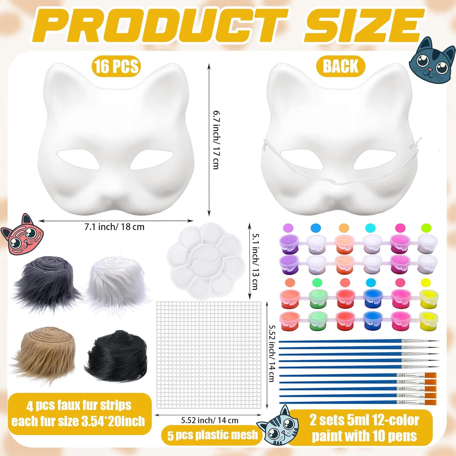 40PCS Paper Therian Mask Bulk Cat Mask Set Includes Blank Cat Mask Plush Faux Fur Fabrics Brushes Plastic Mesh Sheets Glowing Paint and Palette DIY Therian Gear Costume for Halloween Cosplay Party