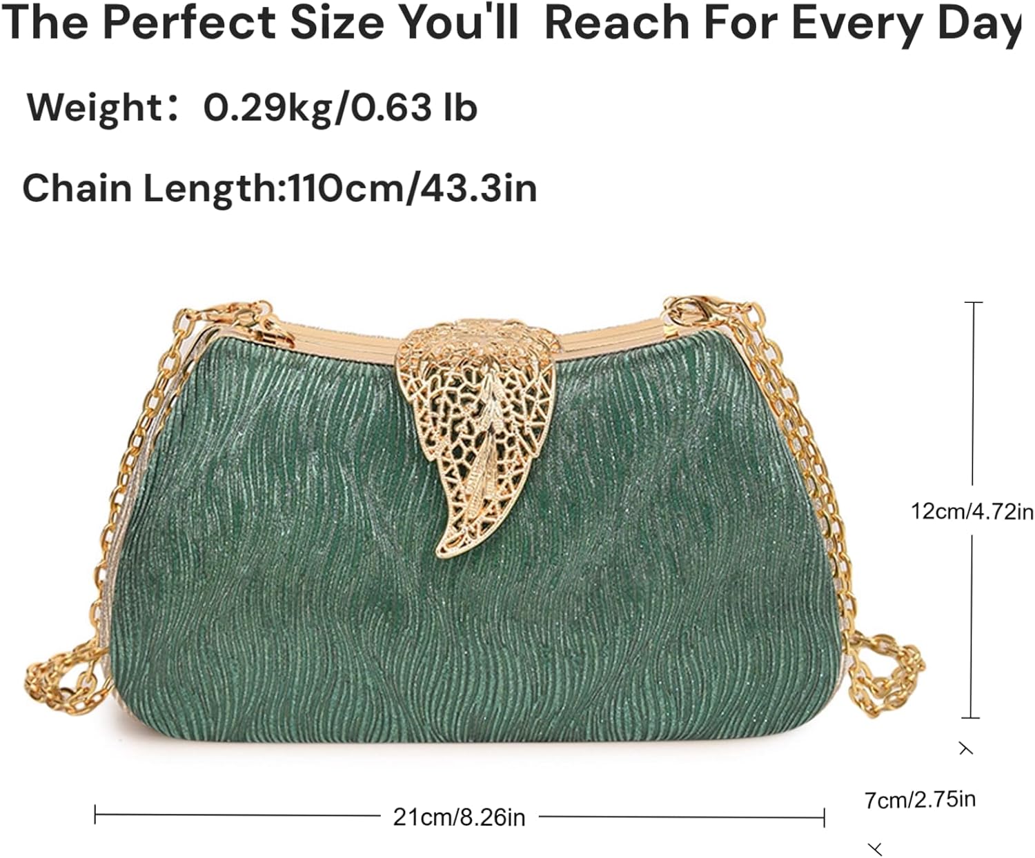 Elegant Evening Bag For Wedding, Sparkly Formal Purse, Glitter Prom Cocktail Party Clutch With Gold Metallic Leaf Clasp
