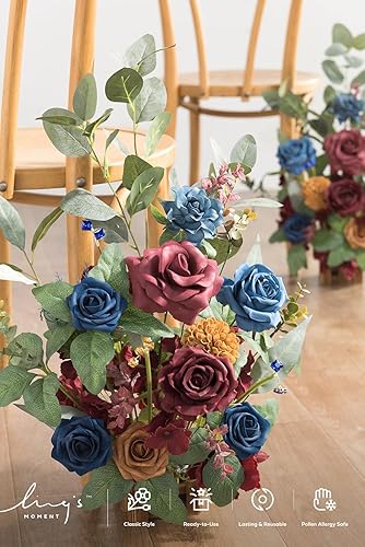 Miniatura 5 de Ling's Moment Camino de pasillo de otoño, arreglo de flores, decoración para silla de boda, 4 piezas, flores falsas artificiales, borgoña y rosa