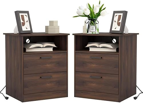 Miniatura 9 de Juego de 2 mesitas de noche con estación de carga, moderna mesita de noche con puertos USB tipo C y salidas de CA, mesita de noche grande con 2