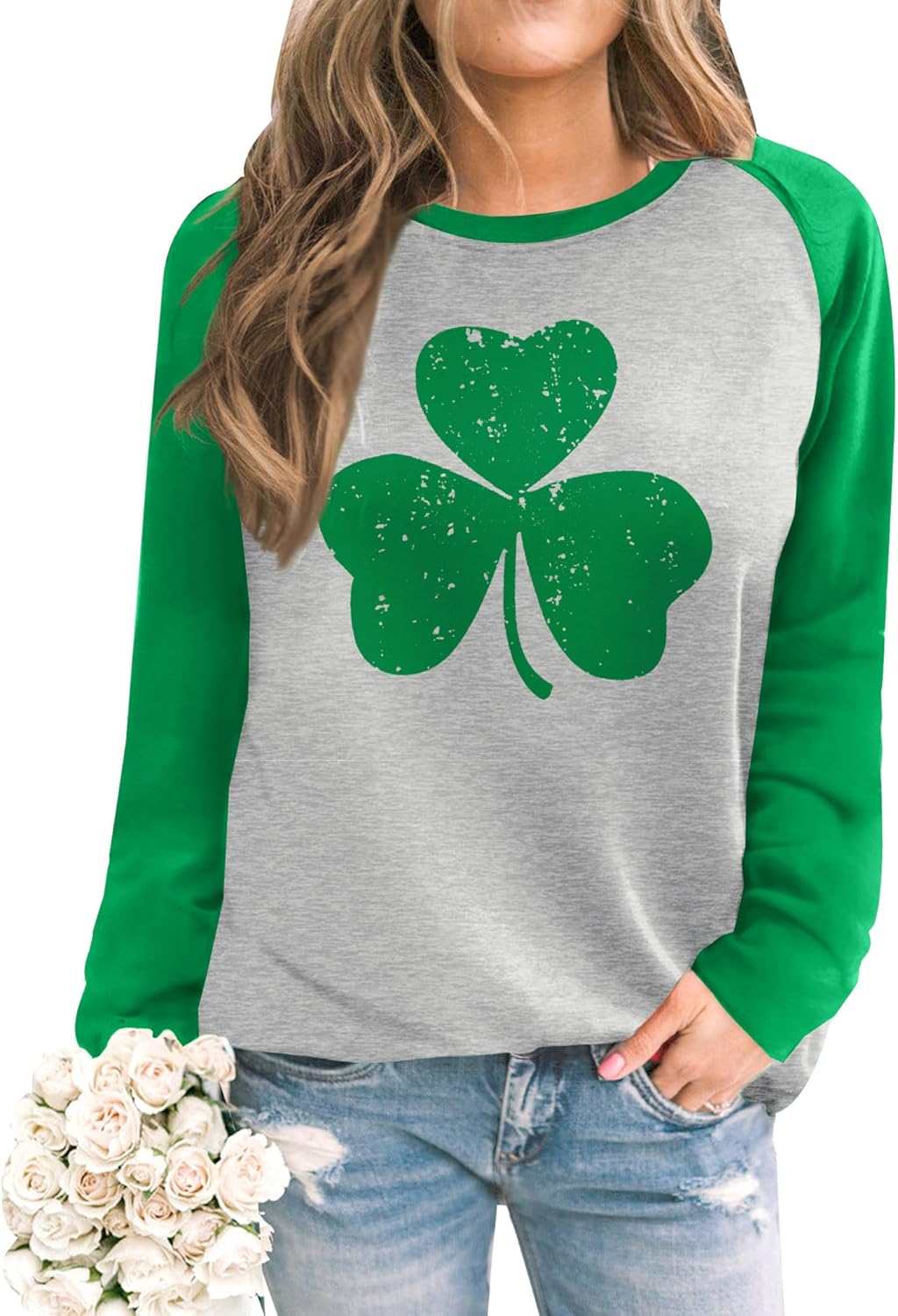 Womens St. Patrick's Raglan Long Sleeve Shirt Irish Shamrock Crewneck Sweatshirt
