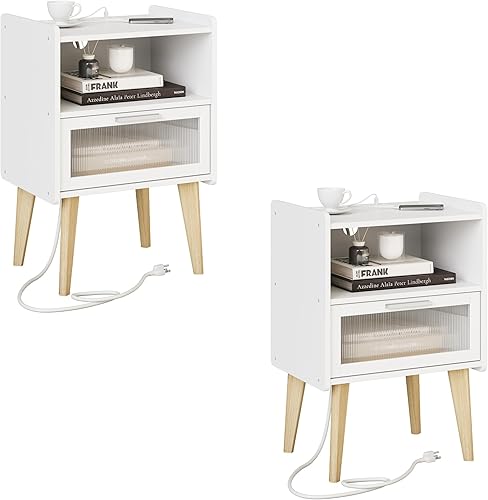 Miniatura 10 de Mesita de noche con estación de carga, juego de 2 mesitas de noche, mesa auxiliar con 2 niveles de espacio de almacenamiento, para dormitorio, sala