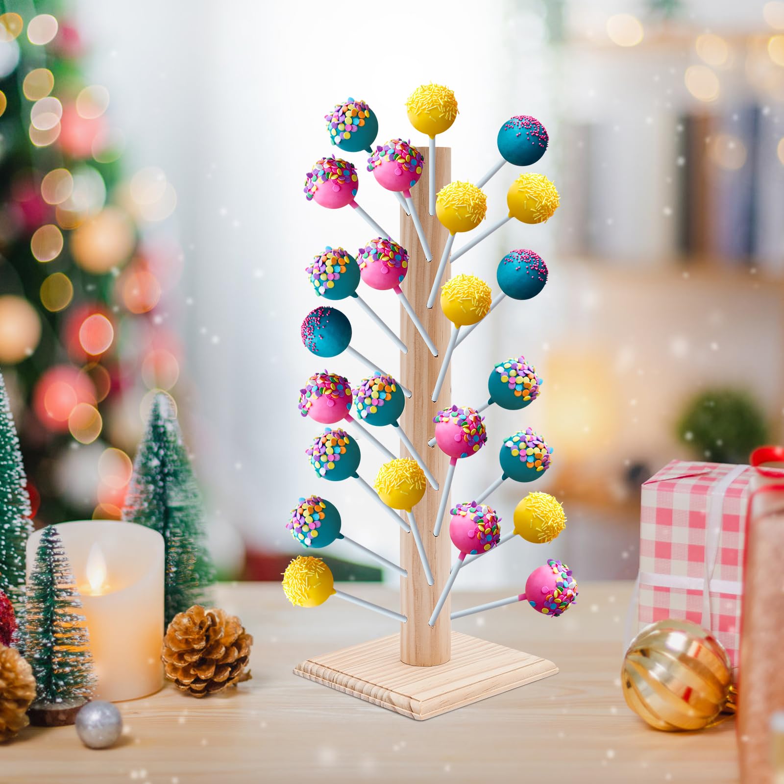 Cake Pop Ständer 62 Löcher Lollipop-Halter aus Holz, Süßigkeiten Tischdisplay, Lutscherständer für Partys Geburtstage Jubiläen Hochzeiten Geschäfte Geburtstag Deko (Log Farbe)