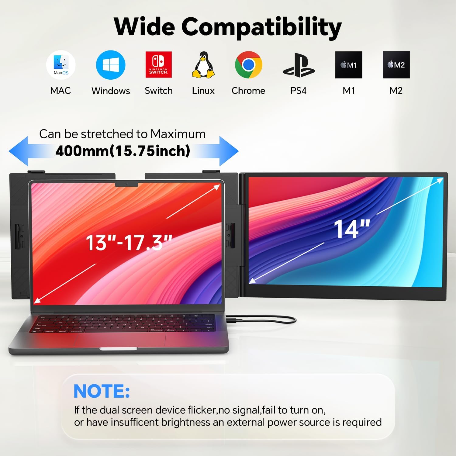 POTTMACEE 14.2" One-Cable Laptop Screen Extender, 0.17" Ultra-Slim FHD 1080P IPS Portable Monitor for Laptop, Travel Dual Monitor Extender, Plug-Play for Windows/Mac/Chrome, Fit 13-17.3" Laptops