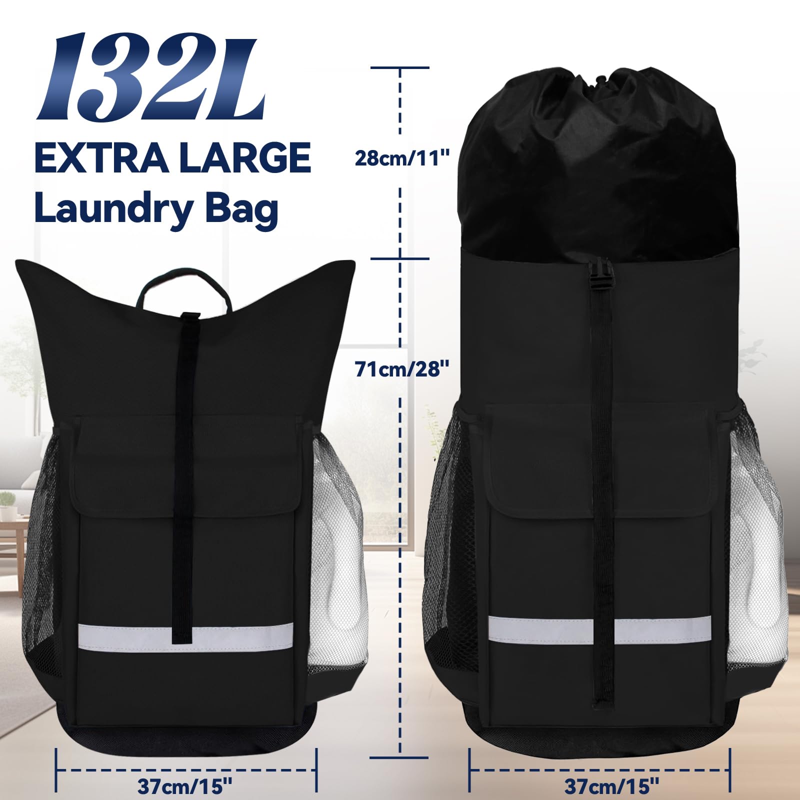 XTQINJIN Laundry Bag Backpack, Extra Large Heavy Duty Laundry Backpack with Padded Shoulder Straps Mesh Pocket for College Dorm Essentials Apartment and Laundromat, Travel Beach Camping (Black)
