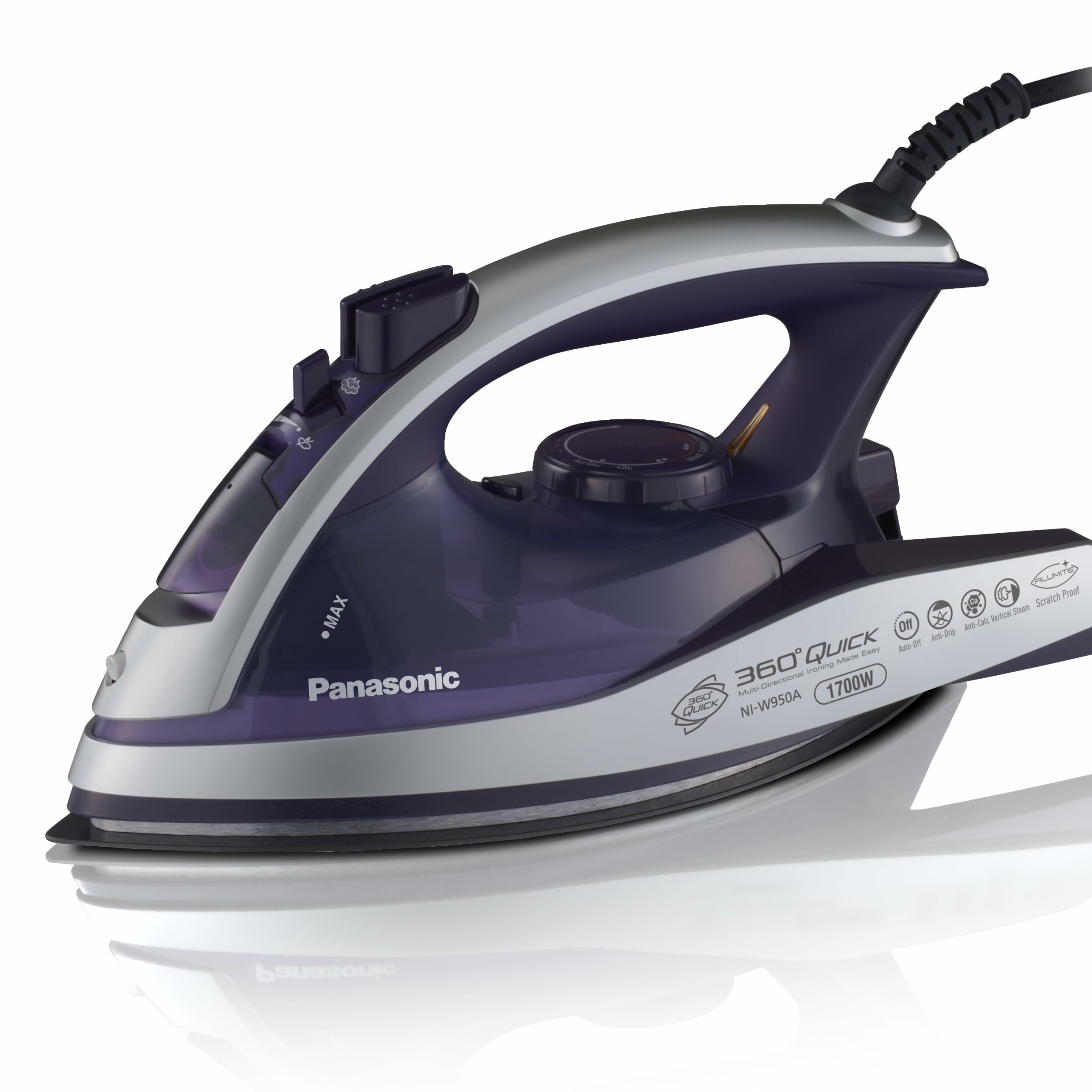 Plancha de vapor y seca Panasonic con suela de alumita, control de temperatura de la tela y apagado automático de seguridad, plancha multidireccional de 1700 vatios NI W950A, color morado